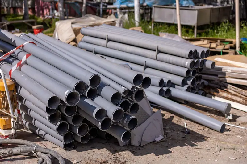 Stacked gray PVC pipe on a construction site